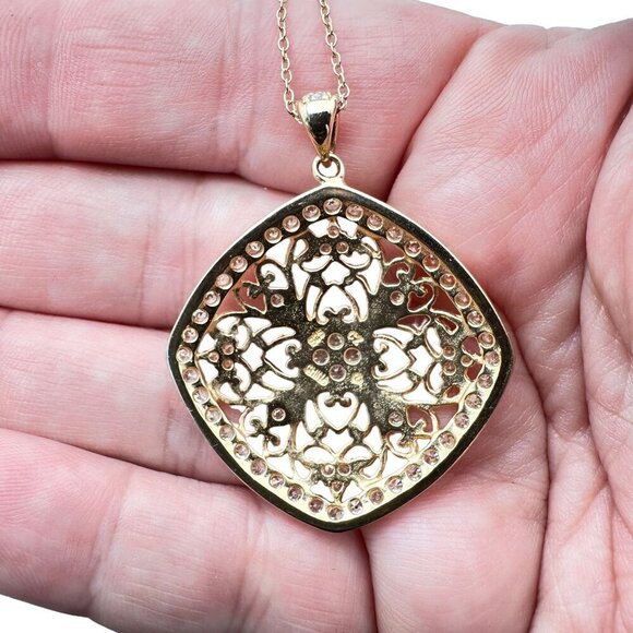 Veronese Italy 18K Gold Glad Cubic Zirconia Filagree Pendant Chain Necklace - Picture 2 of 5